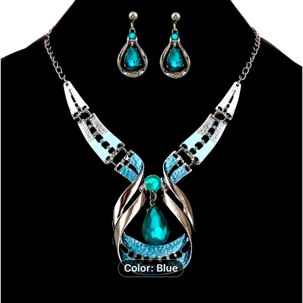 Water Drop Shape Shiny Faux Gemstone Elegant Pendant Necklace & Stud Earrings